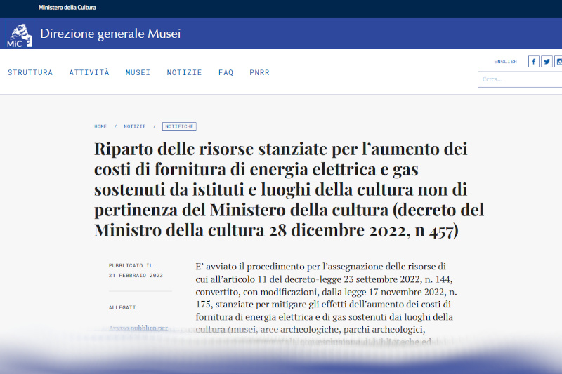 Riparto delle risorse stanziate per l'aumento dei costi di fornitura di energia elettrica e gas sostenuti da istituti e luoghi della cultura non di pertinenza del Ministero della cultura